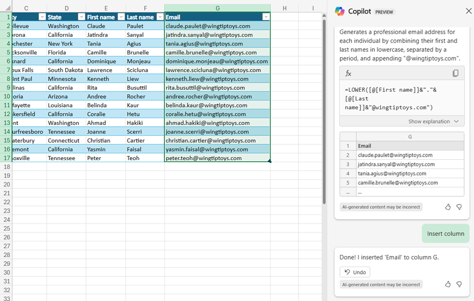Picture showing the Excel workbook with copilot pane open. Includes the employee table with one new email column added.