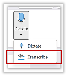 Record & Transcribe menu on the Home tab in Word