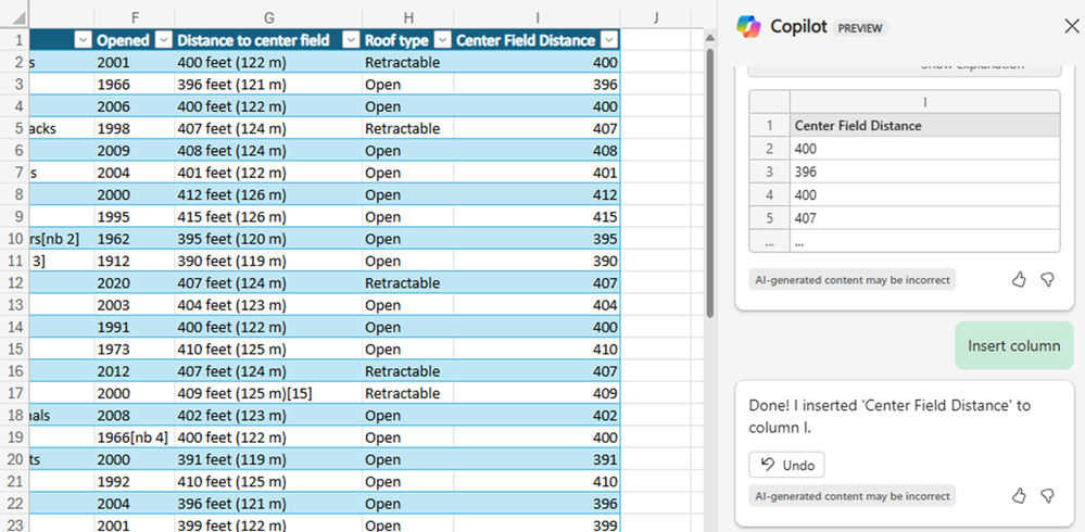 Picture showing the Excel workbook with copilot pane open. Includes the Stadiums table with Center field distance column added.