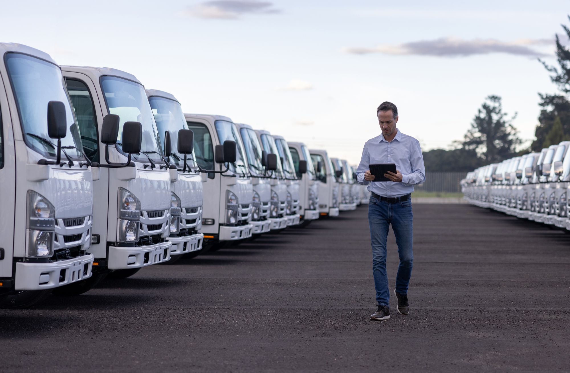 Person walks down in a lot of fleet vehicles while working on a tablet.