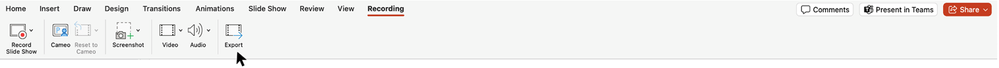Recording tab on the ribbon with Export option highlighted