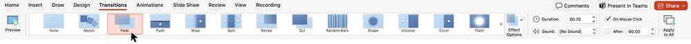 Transitions tab on the ribbon with Fade option highlighted