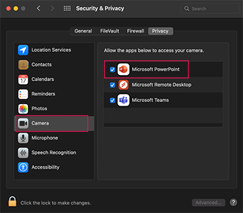 Allow PowerPoint to access your Camera in Security & Privacy setting settings on Mac