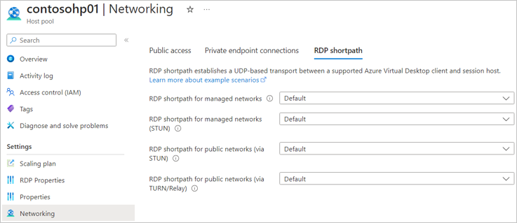 Screenshot of RDP Shortpath settings using the Azure portal