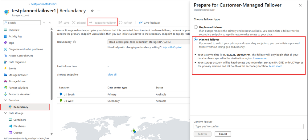 Graphic displaying how to initiate a planned failover from Azure Portal