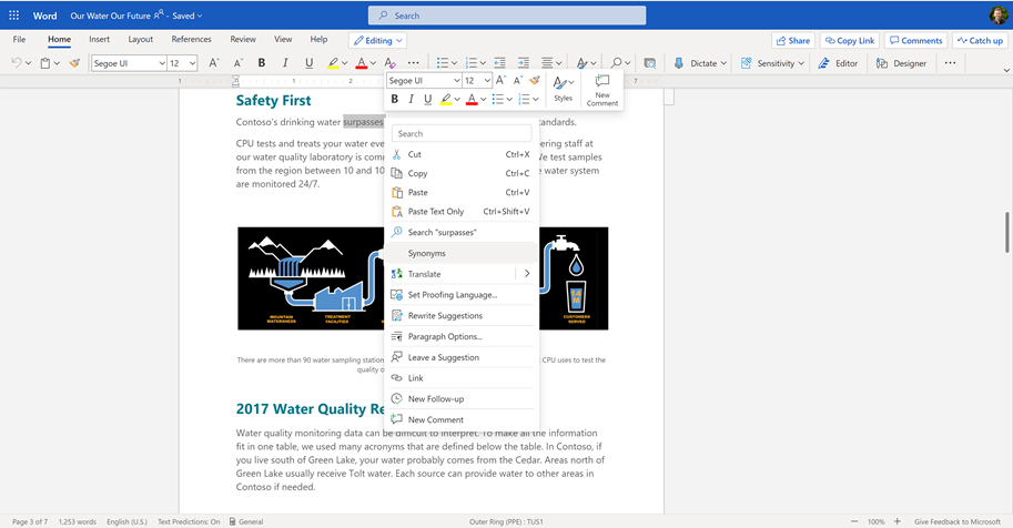 Right-click on a word and select Synonyms from the dropdown