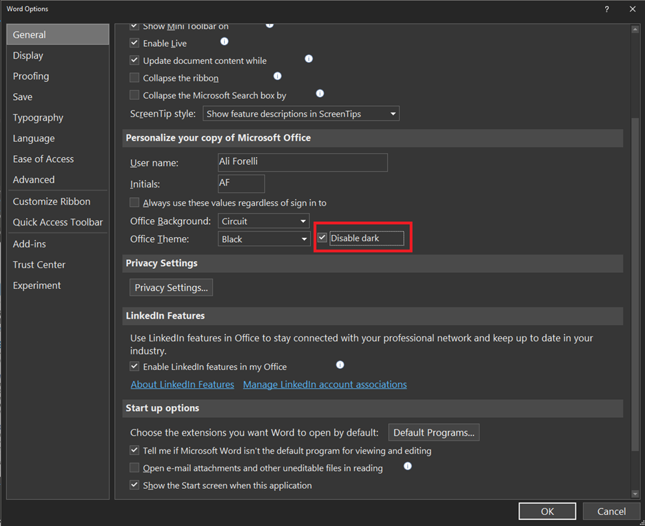 Disable dark to set the page color to white in Office Black Theme.