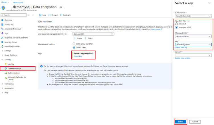 demomysql flex server configure data encryption portal.png