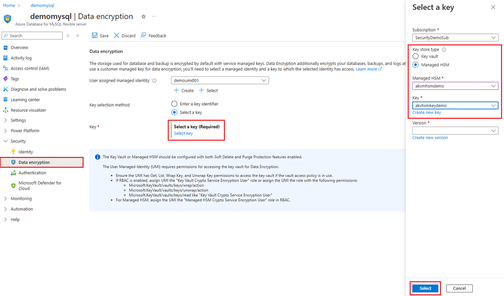 demomysql flex server configure data encryption portal.png