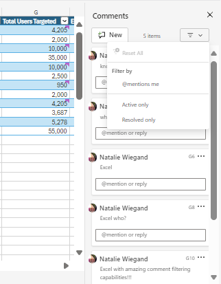 Filter comments that are active, resolved, or ones that @mention