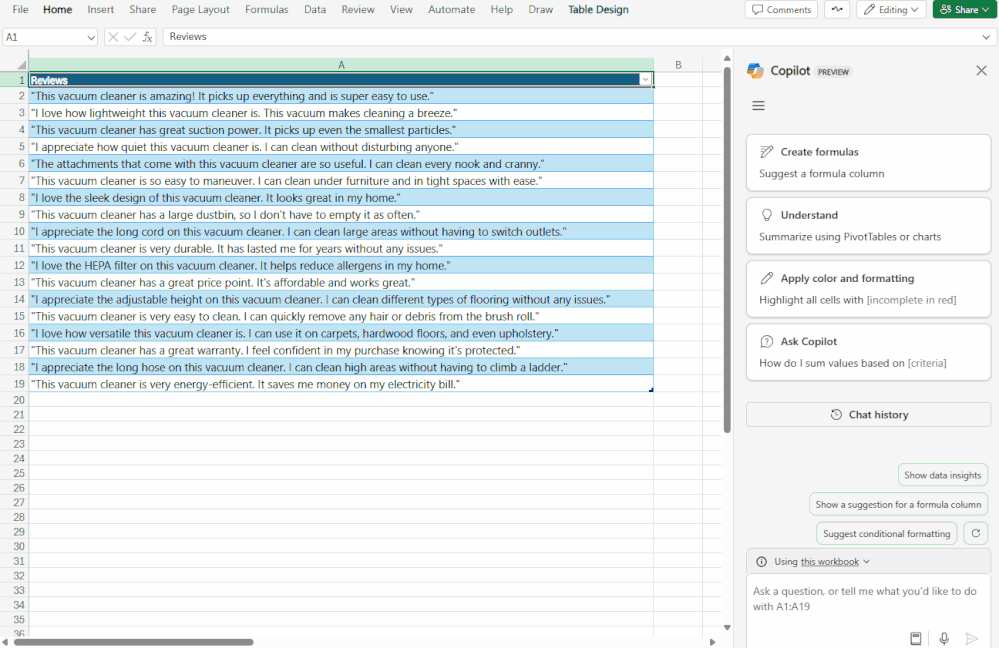 Get valuable insights from text using Copilot in Excel