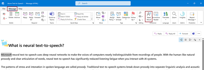 Read Aloud feature in Outlook