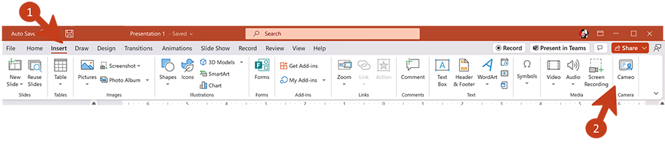 Insert > Cameo menu on PowerPoint ribbon