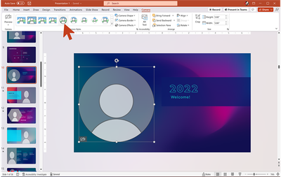 Camera tab in PowerPoint showing different camera styles