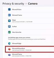 Give PowerPoint camera access in Windows settings