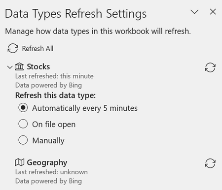 Data Types Refresh Settings