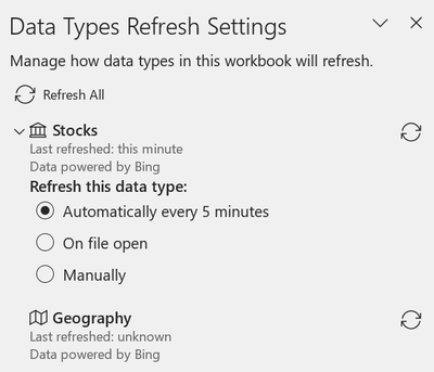Data Types Refresh Settings