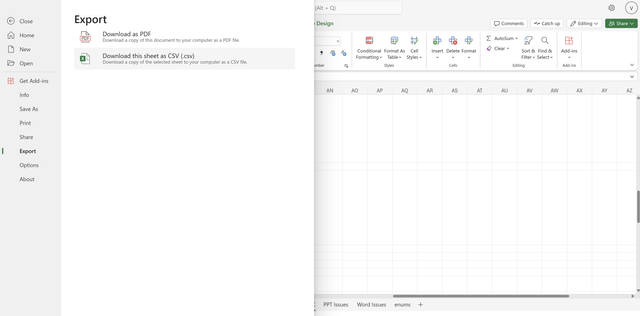 Export menu in Excel for the web