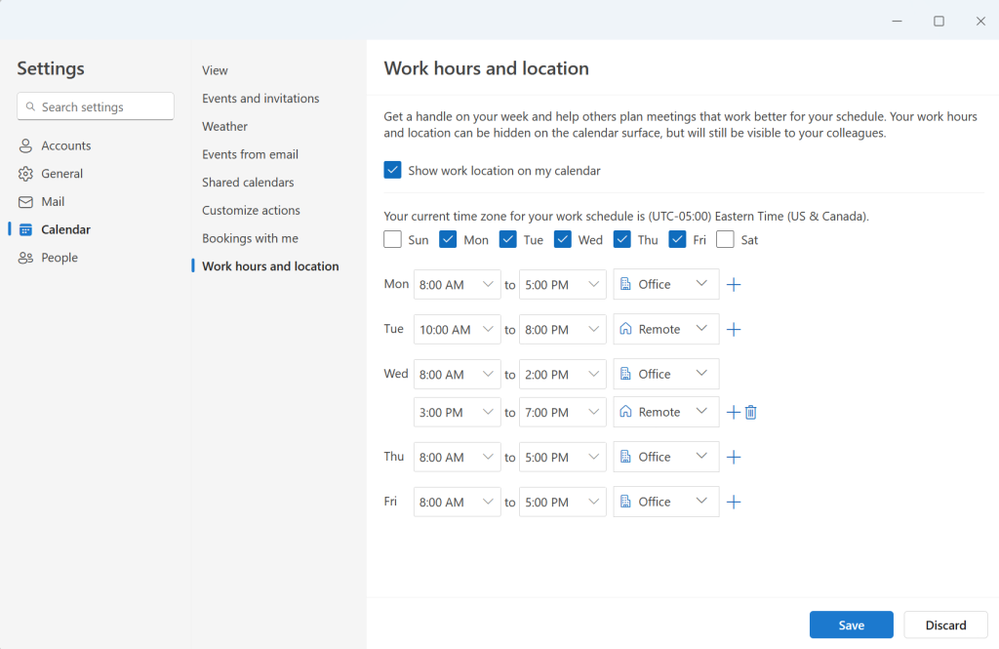 Select workdays, hours, and locations in the new Outlook for Windows