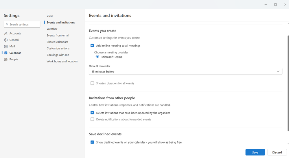 Save declined events within the new Outlook calendar settings