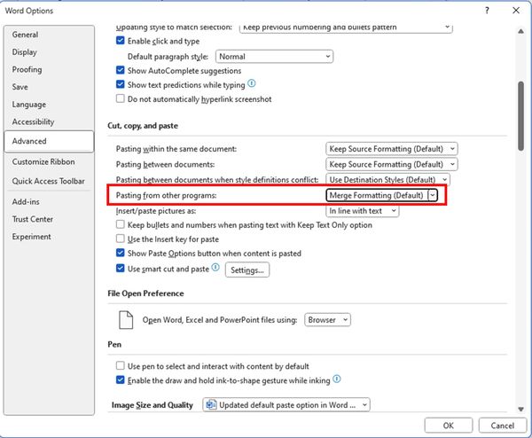 Paste options dialog box