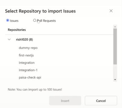 Select Issues or Pull Requests and choose the Repository, then click Insert