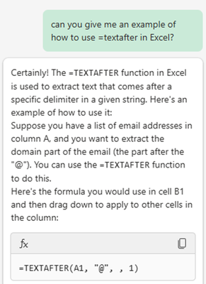 Picture of Copilot in Excel pane showing the above prompt with a description of the TEXTAFTER function and how to use it.