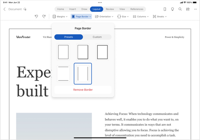 Page Border Presents menu on Word for iPad