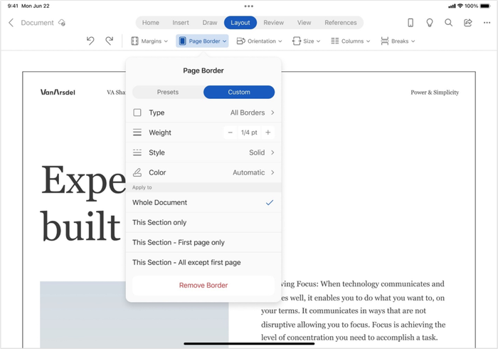 Custom option on Page Border menu on Word for iPad