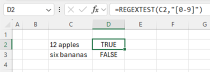 Checking whether the strings in column C contain numerical digits, using the regex pattern “[0-9]”