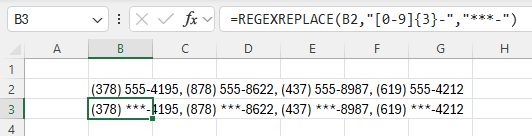 Replacing the first three digits of each phone number with ***, using the pattern “[0-9]{3}-”, which matches against three numerical digits followed by “-”