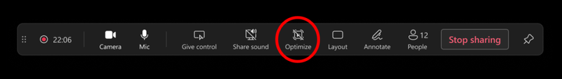 Presenter toolbar in Microsoft Teams with Optimize button highlighted