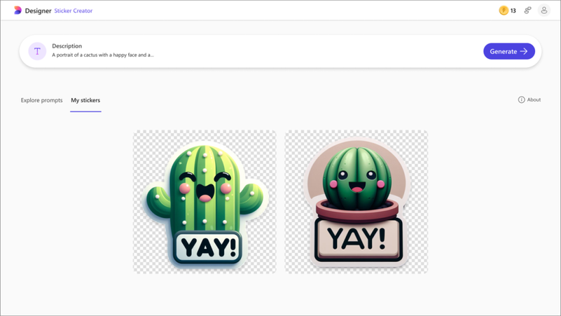 Cactus sticker images created in Sticker Creator for Microsoft Designer