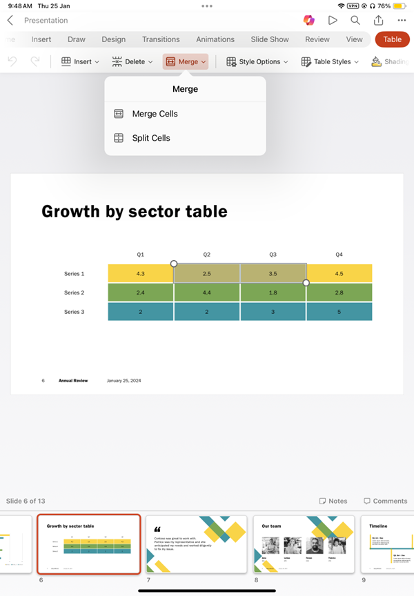 Slit and merge table cells in PowerPoint for iPad