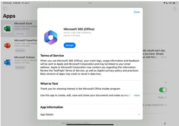 Microsoft 365 Insider Program sign up page on Apple TestFlight