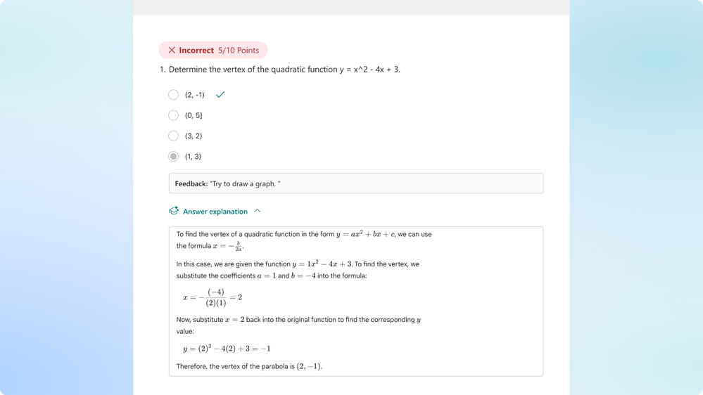 A quiz where the student answered a question incorrectly and is now viewing the step by step solution explained