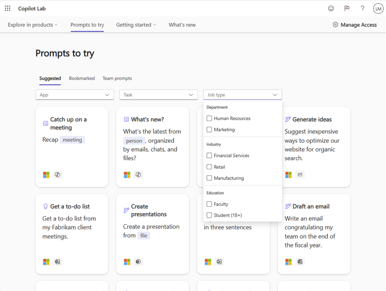 A screenshot of the second tab in Copilot Lab called “Prompts to Try” with a drop down list of Job Types.