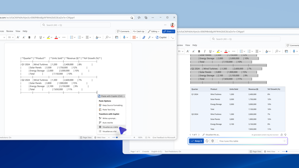 An image of a table pasted in poor formatting, then the user uses Copilot to paste the content into a well formatted table.