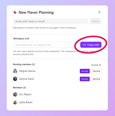 Copy Link button to share a Loop workspace