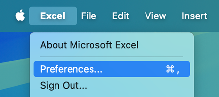 Mac menu bar showing Excel > Preferences