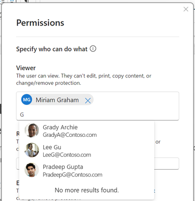 User-defined permissions dialog box in Microsoft Word showing auto-fill options for giving people permissions