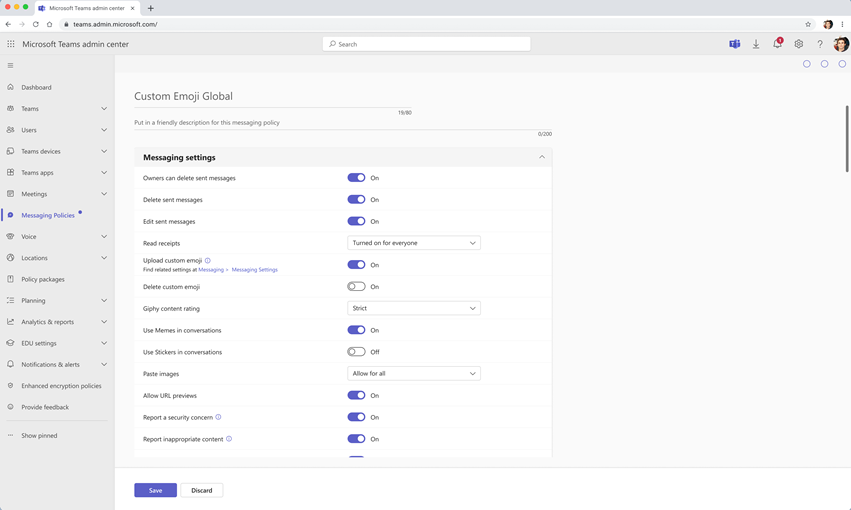 Admin Messaging Settings: Custom emoji settings