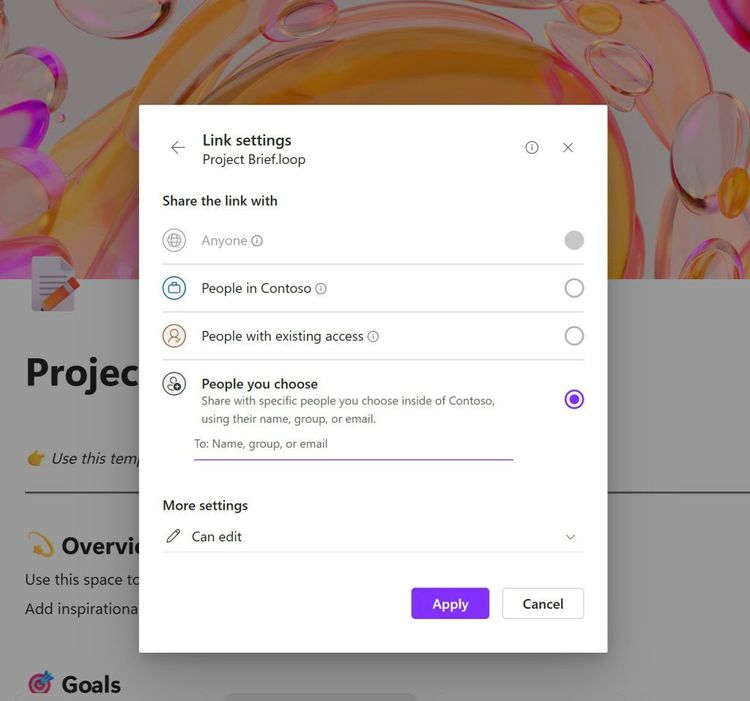 Link settings options on a Microsoft Loop page