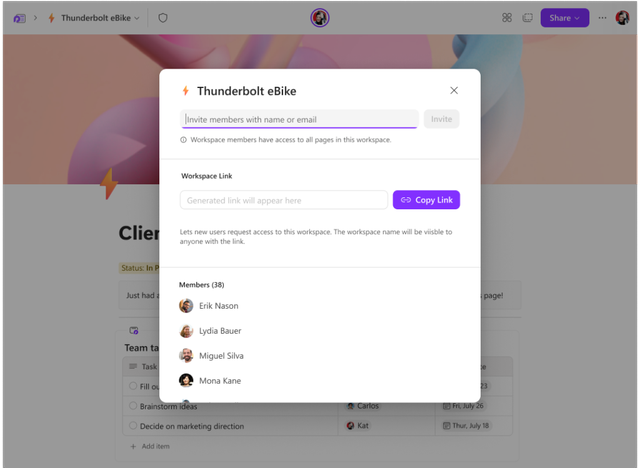 Share options on a Microsoft Loop workspace