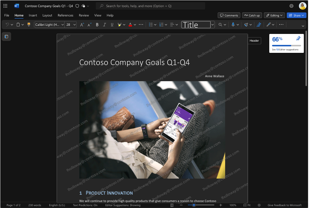 Dynamic watermarking from a sensitivity label in Word