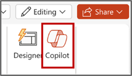 An image of how to access Copilot from the PowerPoint ribbon.