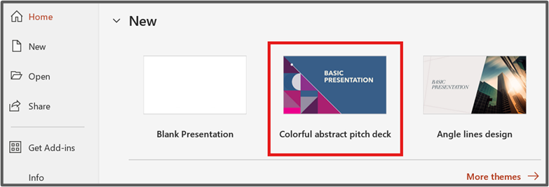 An image of the PowerPoint home screen with options to create a blank presentation or choose a themed presentation.
