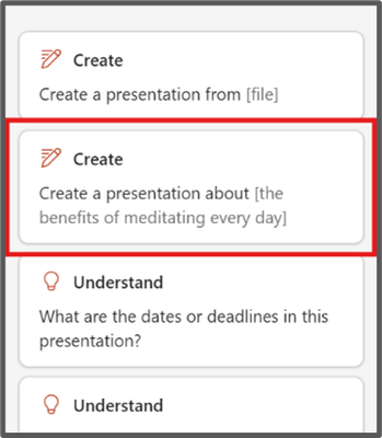 An image of Copilot in PowerPoint prompt options with a red box around the 