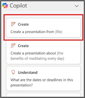 An image of Copilot in PowerPoint prompt options with a red box around the 
