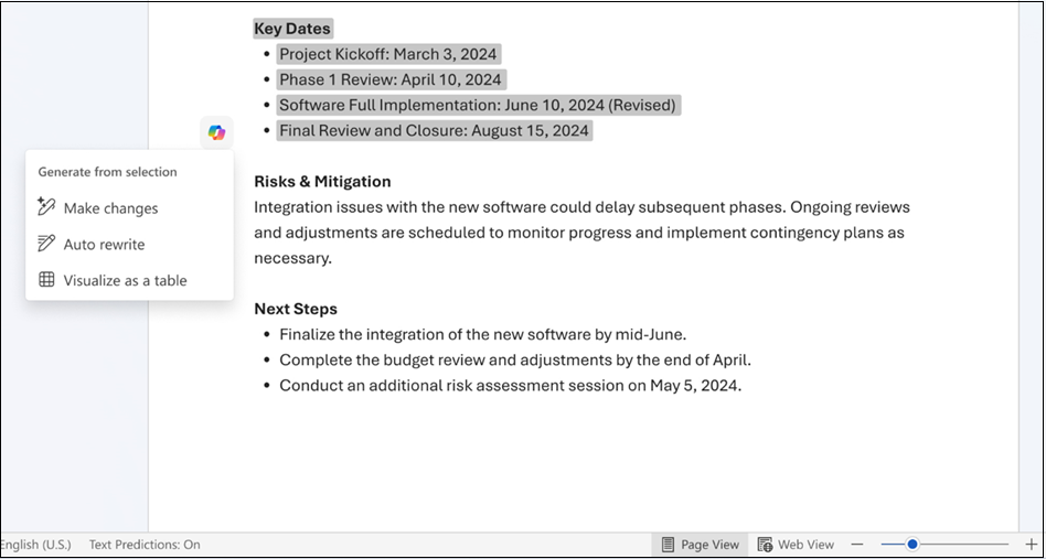 Use Draft with Copilot to make changes to a block of text